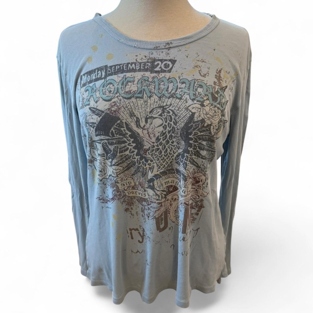 Vintage Edista Blue Long Sleeve Graphic Shirt Women's Large Made In USA Goth Y2K